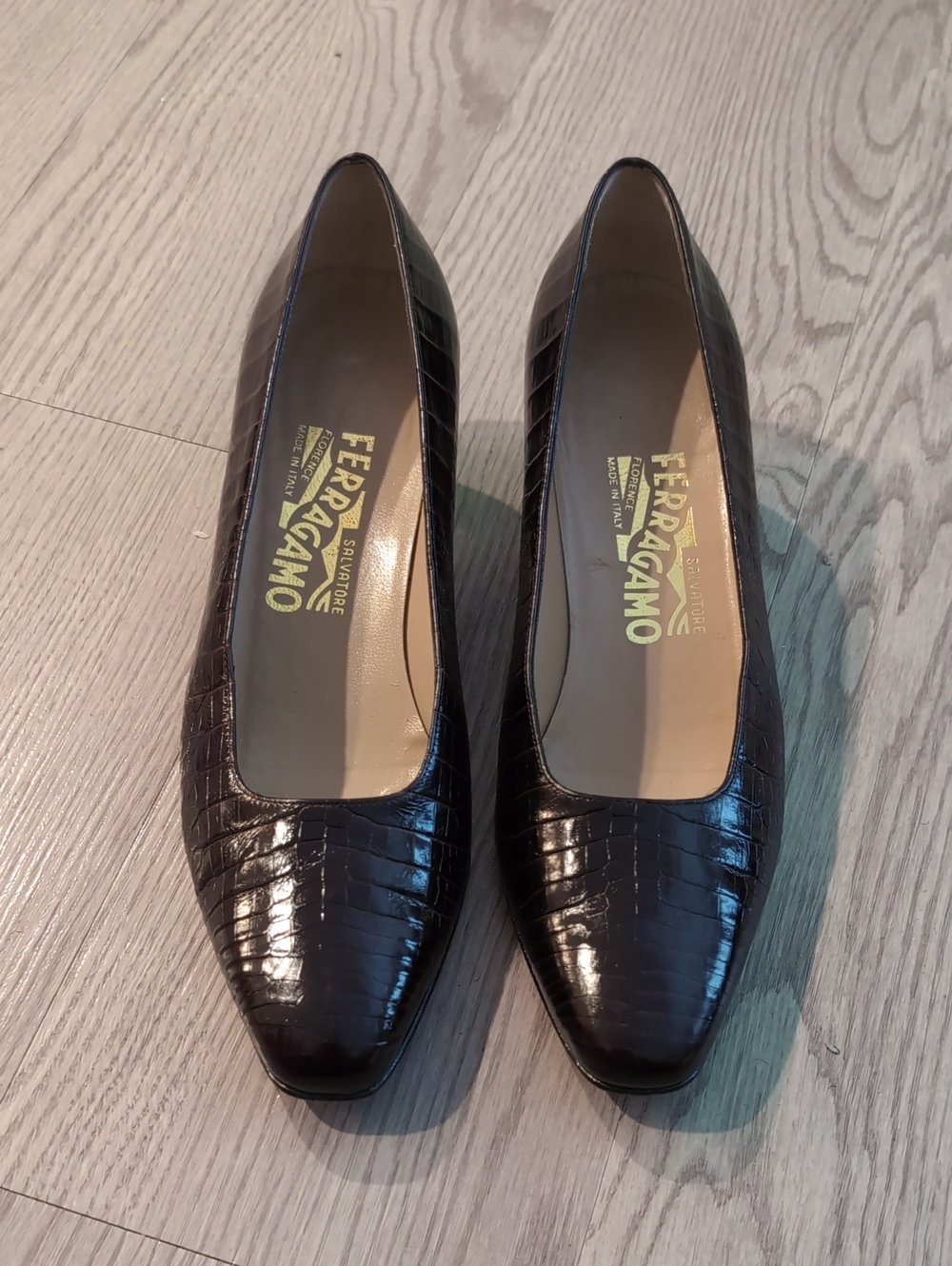 Salvatore Ferragamo Dark Brown Croc-Embossed Leather Flats
